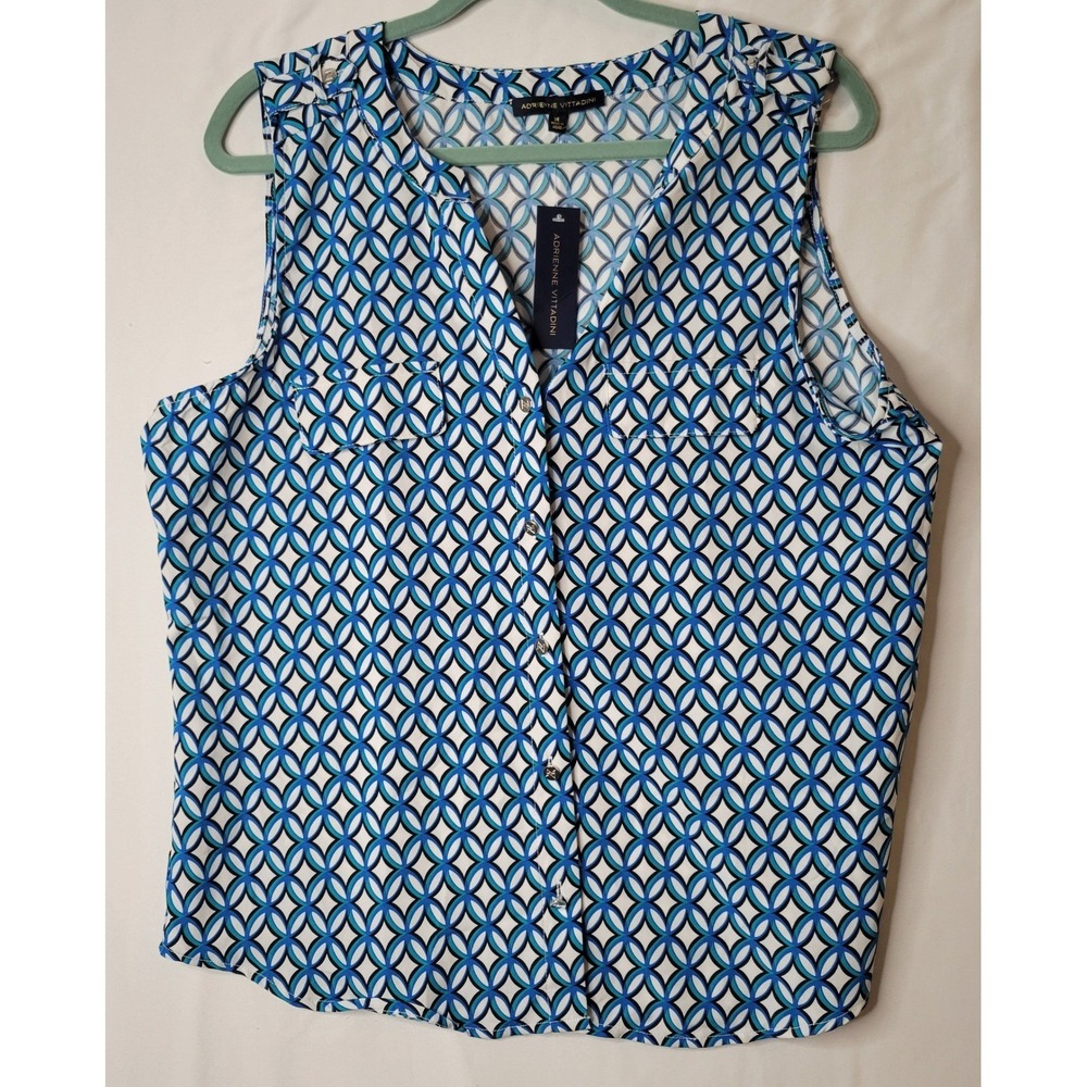 Adrienne Vittadini Blue Geometric Sleeveless Button Down Blouse XL Work VW34092